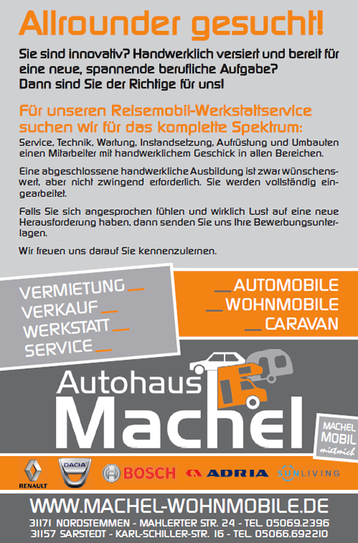 Autohaus Machel, Nordstemmen: Ob Dacia Neuwagen, Jahreswagen, Wohnmobil, Reifen oder Reifenservice Hannover, Autoverwertung, Werkstatt-Know-how, Achsvermesseung, Pannenhife oder Bosch Car Service - der Dacia Hndler ist weit ber die Stadtgrenzen bis nach Hildesheim und Hannover fr sein vielfltiges Angebot bekannt.